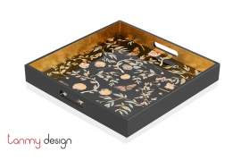 Black square lacquer tray with flower and butterfly pattern 40*40*4.5 cm